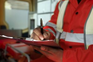 Worker writing on a paper document