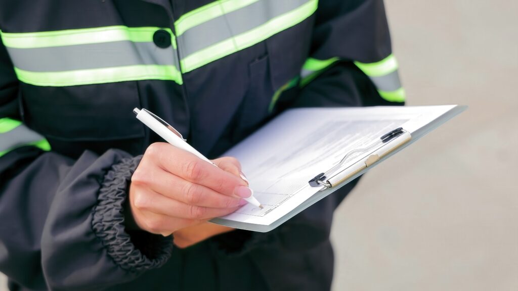 Close-up of a safety inspector logging audit data on a clipboard during a site inspection