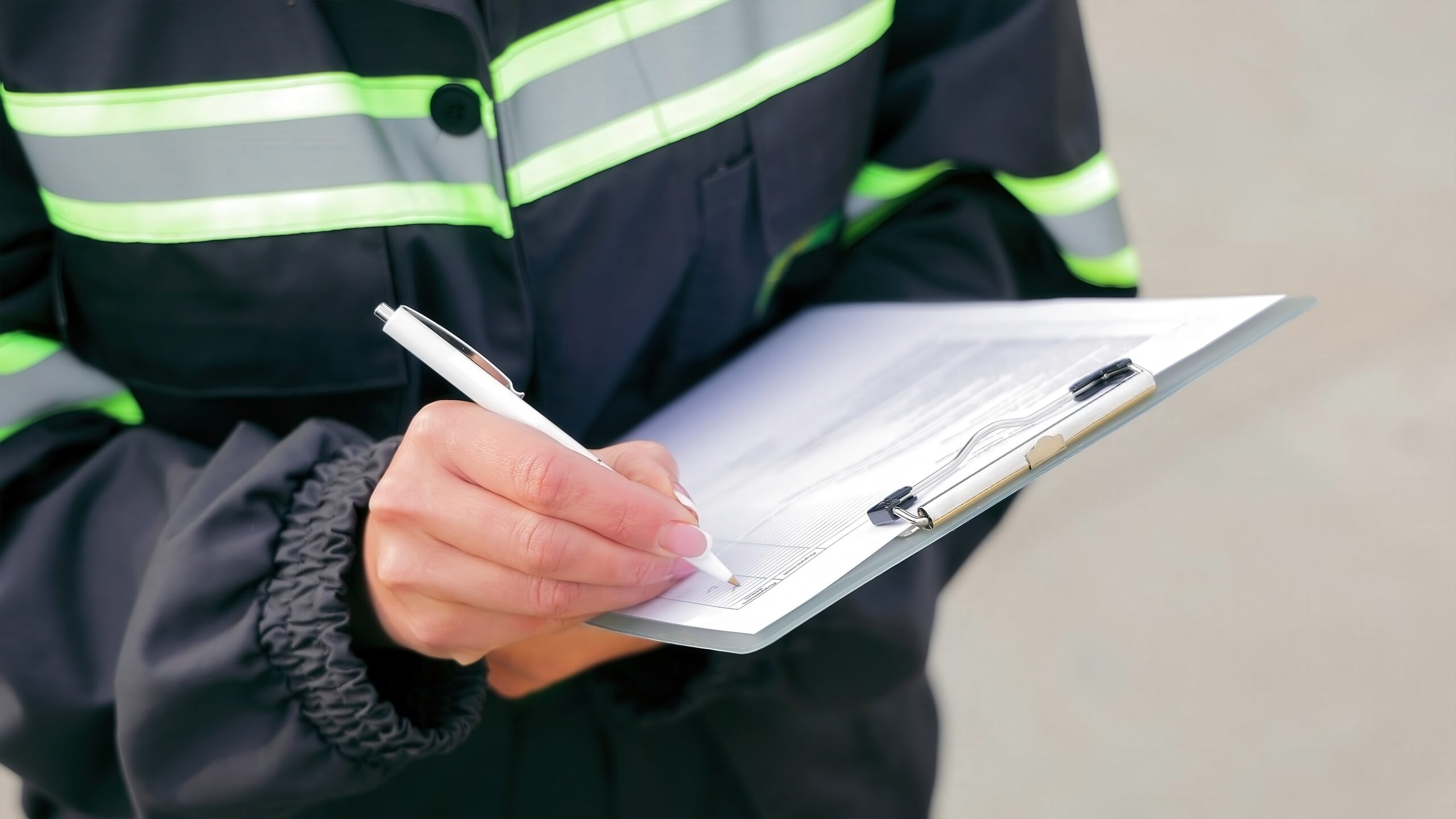 Close-up of a safety inspector logging audit data on a clipboard during a site inspection