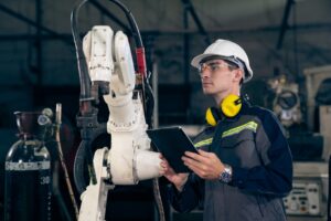 Worker ensures safety in chemical plants by inspecting smart robotics
