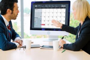 Business colleagues using compliance calendar software